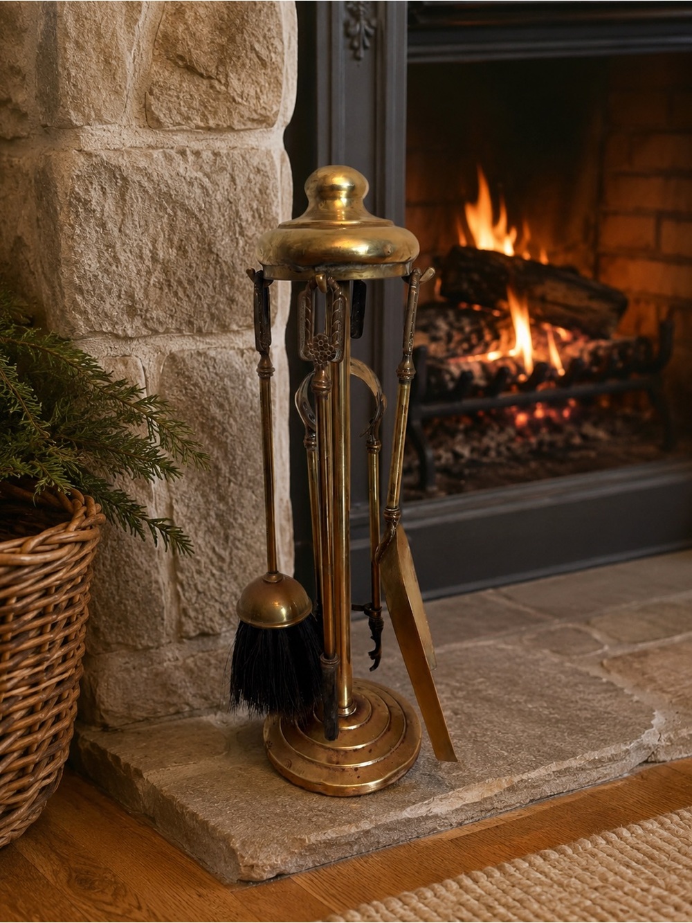 Vintage Solid Brass Fireplace Tool Set with Stand